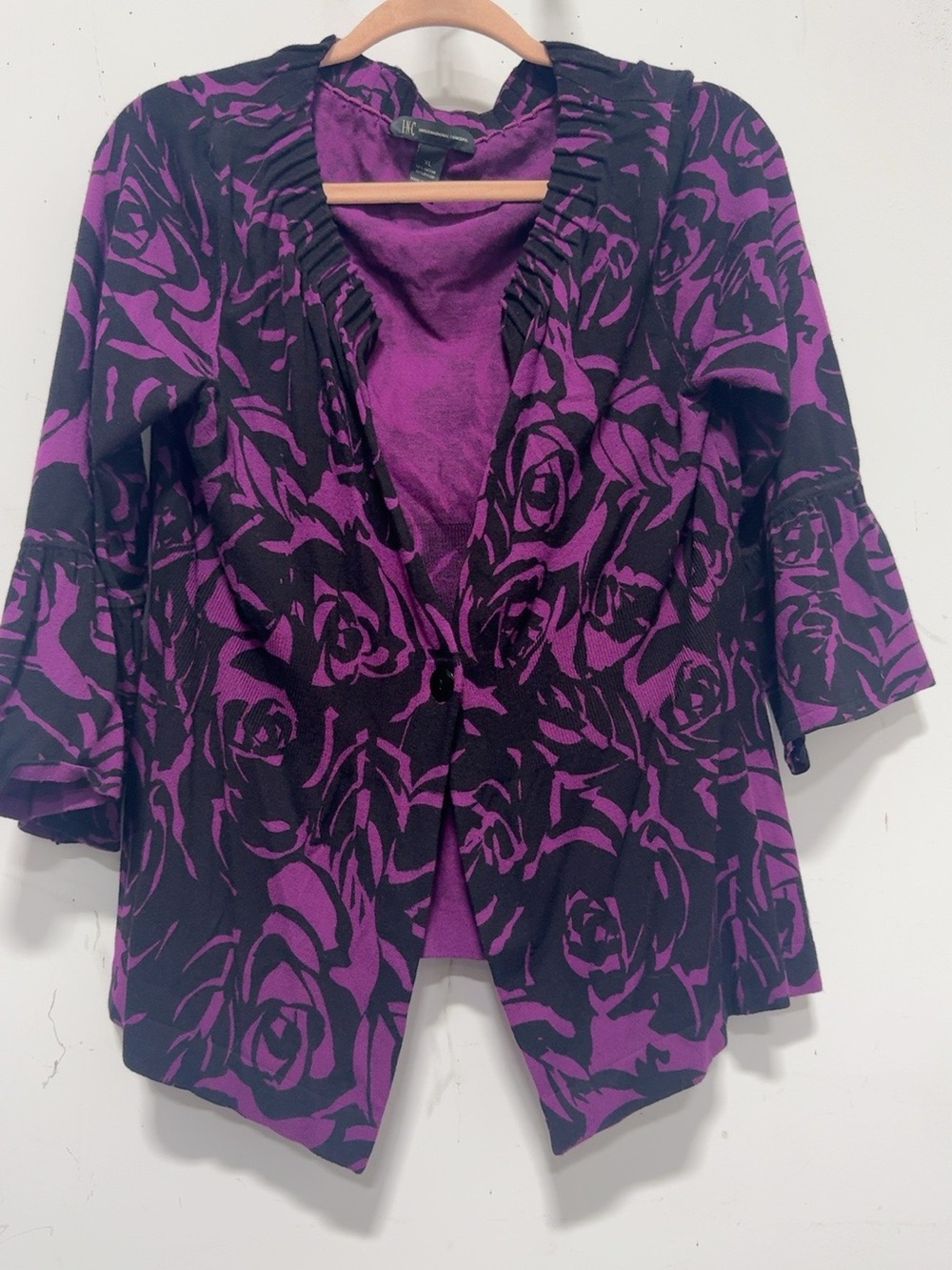 INC International Concepts XL Purple Black Floral Cardigan Sweater